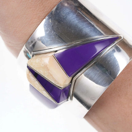 6.5" Jack Woolsey Agatized Coral/Purple Jasper sterling silver cuff bracelet - Estate Fresh Austin