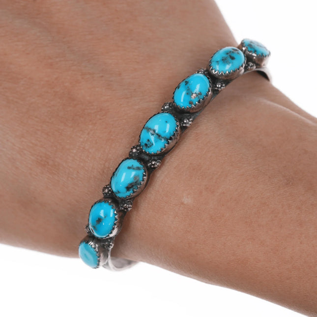 6.5" Sturdy Vintage Hand stamped sterling turquoise row cuff bracelet - Estate Fresh Austin