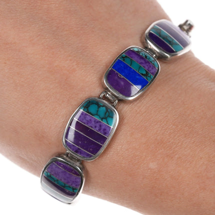6.5" TM Sterling Sugilite, charoite, lapis, and turquoise channel inlay bracelet - Estate Fresh Austin