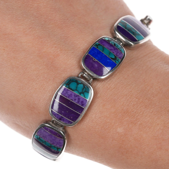 6.5" TM Sterling Sugilite, charoite, lapis, and turquoise channel inlay bracelet - Estate Fresh Austin