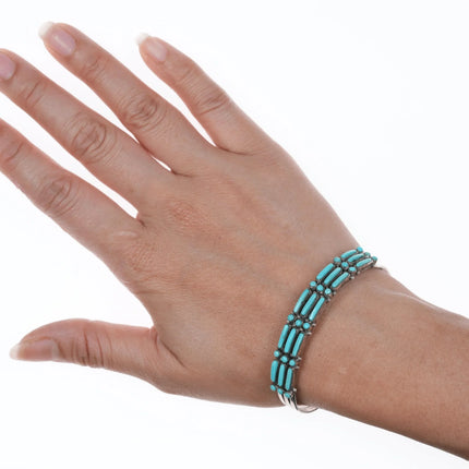 6.5" Vintage J.W. Zuni silver and turquoise dot dot dash three row cuff bracelet - Estate Fresh Austin