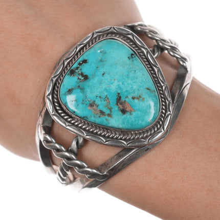 6.5" Vintage Large turquoise hand stamped sterling silver cuff bracelet - Estate Fresh Austin