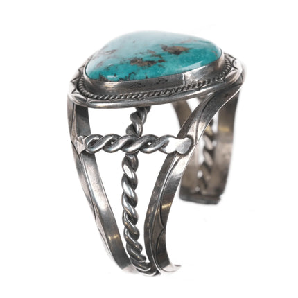 6.5" Vintage Large turquoise hand stamped sterling silver cuff bracelet - Estate Fresh Austin