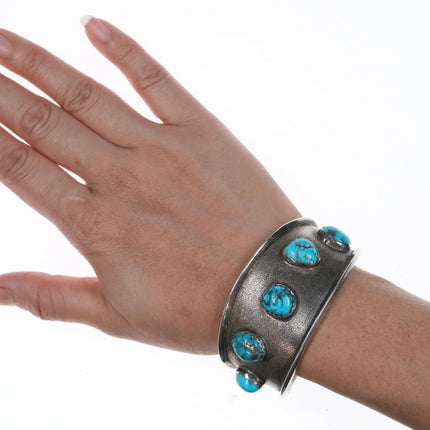 6.5" Vintage M.E. Native American Silver cuff bracelet with turquoise - Estate Fresh Austin