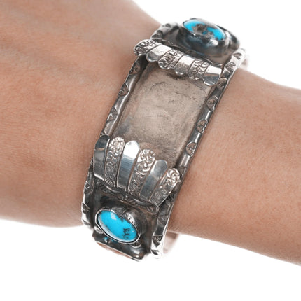 6.5" Vintage Native American sterling silver, coral, turquoise Watch cuff bracelet - Estate Fresh Austin