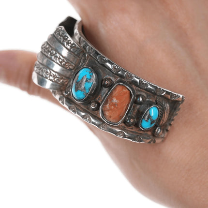 6.5" Vintage Native American sterling silver, coral, turquoise Watch cuff bracelet - Estate Fresh Austin