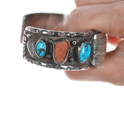 6.5" Vintage Native American sterling silver, coral, turquoise Watch cuff bracelet - Estate Fresh Austin