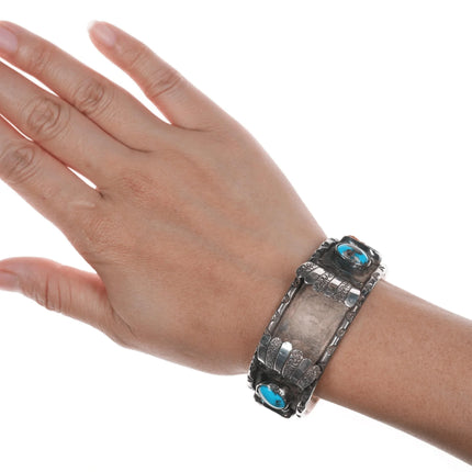 6.5" Vintage Native American sterling silver, coral, turquoise Watch cuff bracelet - Estate Fresh Austin