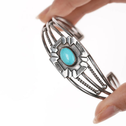 6.5" Vintage Native American silver Maltese Cross cuff bracelet with turquoise - Estate Fresh Austin