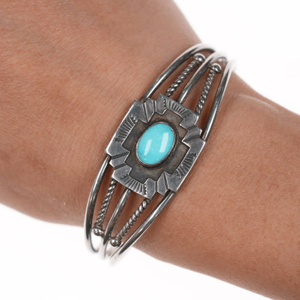 6.5" Vintage Native American silver Maltese Cross cuff bracelet with turquoise - Estate Fresh Austin
