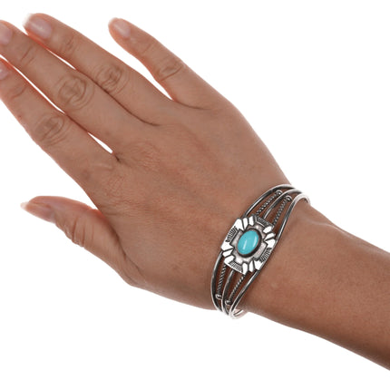 6.5" Vintage Native American silver Maltese Cross cuff bracelet with turquoise - Estate Fresh Austin