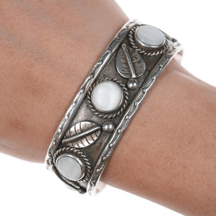 6.5" Vintage Native American silver Mother of pearl cuff bracelet - Estate Fresh Austin
