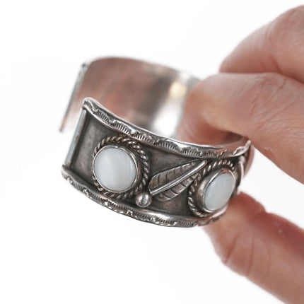 6.5" Vintage Native American silver Mother of pearl cuff bracelet - Estate Fresh Austin