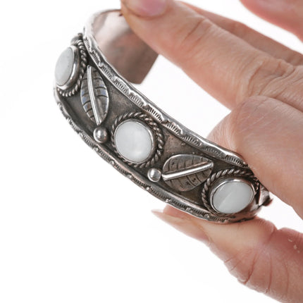 6.5" Vintage Native American silver Mother of pearl cuff bracelet - Estate Fresh Austin
