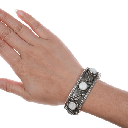 6.5" Vintage Native American silver Mother of pearl cuff bracelet - Estate Fresh Austin