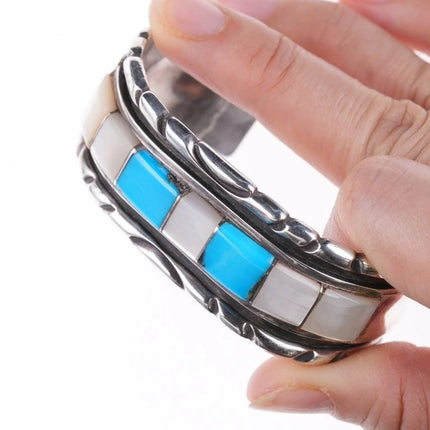 6.5" Vintage Navajo turquoise/shell sterling silver cuff bracelet - Estate Fresh Austin