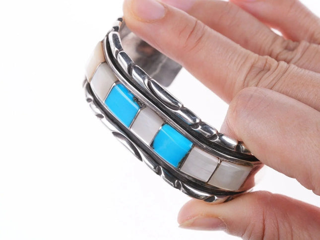 6.5" Vintage Navajo turquoise/shell sterling silver cuff bracelet - Estate Fresh Austin