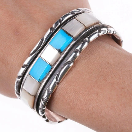 6.5" Vintage Navajo turquoise/shell sterling silver cuff bracelet - Estate Fresh Austin