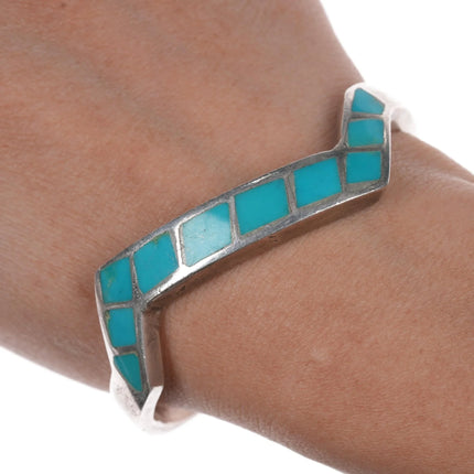 6.5" Vintage Native American silver turquoise channel inlay cuff bracelet - Estate Fresh Austin