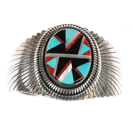 6.5" Vintage Native American sterling intarsia inlay cuff bracelet - Estate Fresh Austin