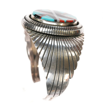 6.5" Vintage Native American sterling intarsia inlay cuff bracelet - Estate Fresh Austin