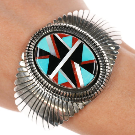 6.5" Vintage Native American sterling intarsia inlay cuff bracelet - Estate Fresh Austin
