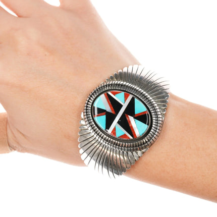 6.5" Vintage Native American sterling intarsia inlay cuff bracelet - Estate Fresh Austin