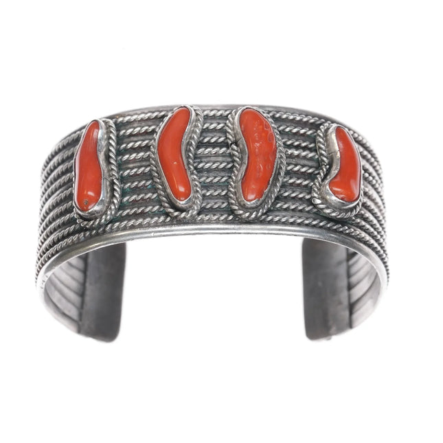 6.5" Vintage Native American twisted silver wire coral cuff bracelet - Estate Fresh Austin