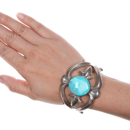6.5" Vintage Navajo cast silver and turquoise cuff bracelet - Estate Fresh Austin