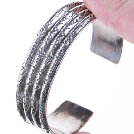 6.5" Vintage Navajo Heavy Stamped silver ribbed bracelet - Estate Fresh Austin