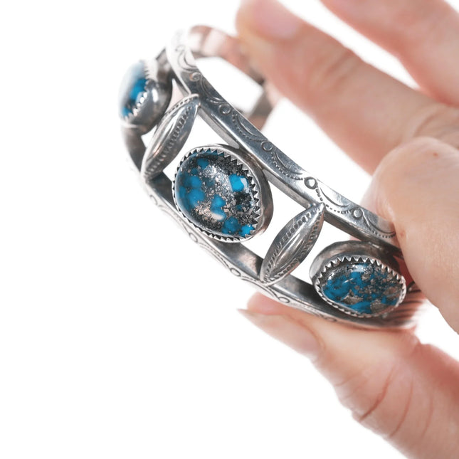 6.5" Vintage Navajo Stamped silver pyrite matrix turquoise cuff bracelet - Estate Fresh Austin