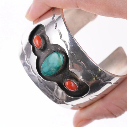 6.5" Vintage Navajo Stamped silver shadowbox bracelet with turquoise and coral - Estate Fresh Austin