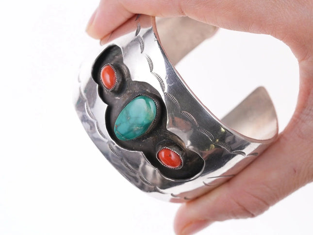 6.5" Vintage Navajo Stamped silver shadowbox bracelet with turquoise and coral - Estate Fresh Austin