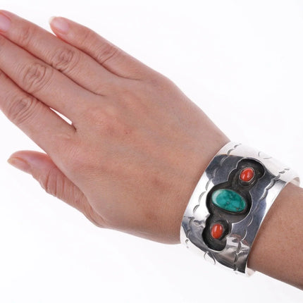 6.5" Vintage Navajo Stamped silver shadowbox bracelet with turquoise and coral - Estate Fresh Austin