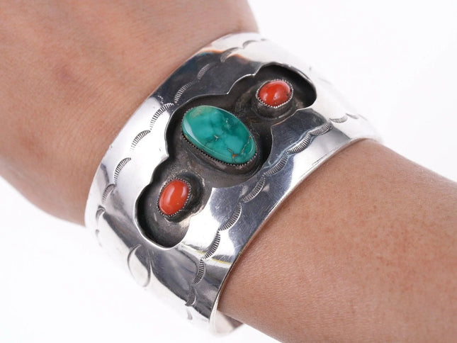 6.5" Vintage Navajo Stamped silver shadowbox bracelet with turquoise and coral - Estate Fresh Austin