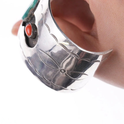 6.5" Vintage Navajo Stamped silver shadowbox bracelet with turquoise and coral - Estate Fresh Austin