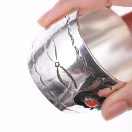 6.5" Vintage Navajo Stamped silver shadowbox bracelet with turquoise and coral - Estate Fresh Austin