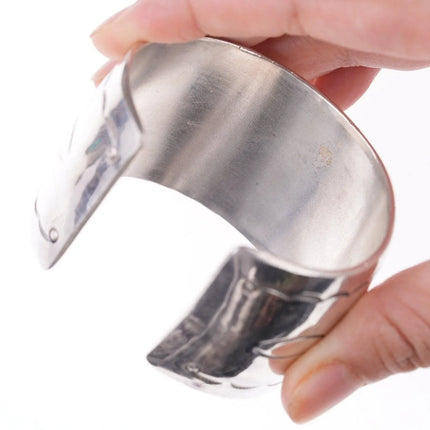 6.5" Vintage Navajo Stamped silver shadowbox bracelet with turquoise and coral - Estate Fresh Austin