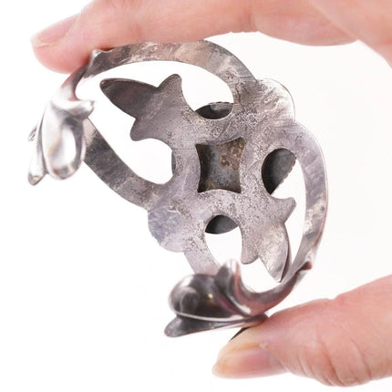 6.5" Vintage Navajo Tufa cast silver bracelet with turquoise - Estate Fresh Austin