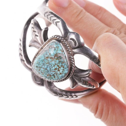 6.5" Vintage Navajo Tufa cast silver bracelet with turquoise - Estate Fresh Austin