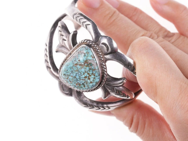 6.5" Vintage Navajo Tufa cast silver bracelet with turquoise - Estate Fresh Austin