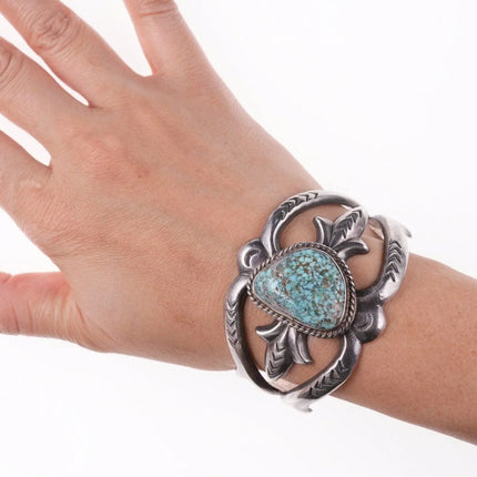 6.5" Vintage Navajo Tufa cast silver bracelet with turquoise - Estate Fresh Austin