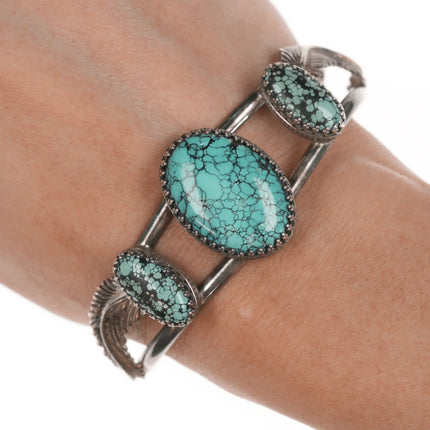 6.5" Vintage Southwestern sterling and turquoise cuff bracelet with fancy bezels - Estate Fresh Austin