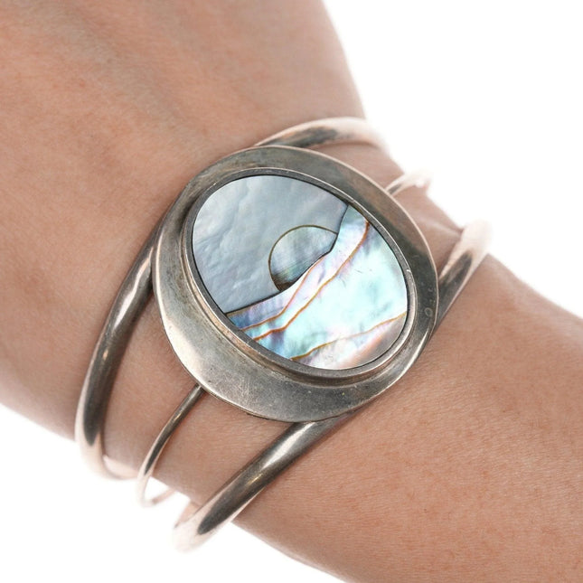 6.5" Vintage Southwestern sterling mother of pearl mosaic bracelet - Estate Fresh Austin