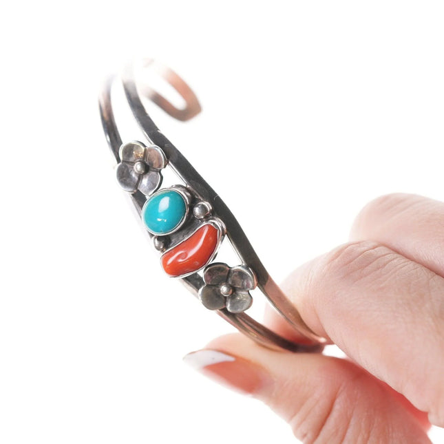 6.5" Vintage Sterling turquoise and coral Native American bracelet - Estate Fresh Austin