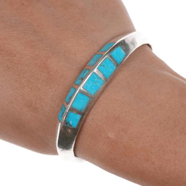 6.5" Vintage Zuni carinated silver flush inlay turquoise cuff bracelet - Estate Fresh Austin