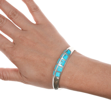 6.5" Vintage Zuni carinated silver flush inlay turquoise cuff bracelet - Estate Fresh Austin