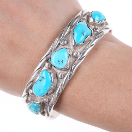 6.5" Vintage Zuni carved turquoise silver bracelet - Estate Fresh Austin