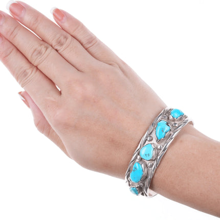 6.5" Vintage Zuni carved turquoise silver bracelet - Estate Fresh Austin