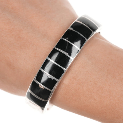 6.5" Vintage Zuni channel inlay silver onyx cuff bracelet - Estate Fresh Austin